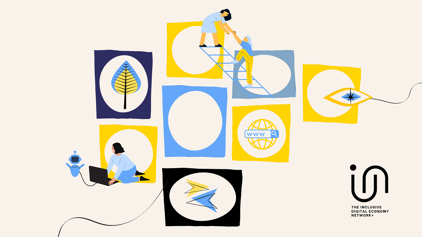 A number of stacked blue, yellow and black squares with circular holes containing, variously, an internet icon, leaf, kneeling figure looking at a laptop. A figure is climbing a ladder to a higher square assisted by a women reaching out from above.