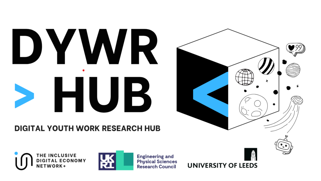 Text reading 'DYWR HUB: Digital Youth Work Research Hub' accompanied by a 3-D cube logo with sketch-style graphics of planets, a cute robot head and a social media  icon denoting 99 'likes'.