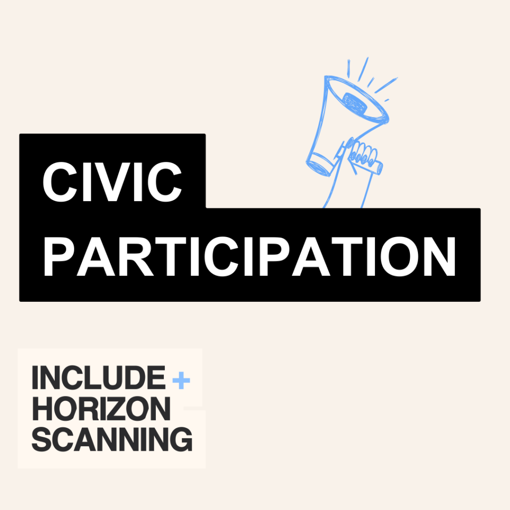 Text reads "CIVIC PARTICIPATION: INCLUDE+ HORIZON SCANNING"