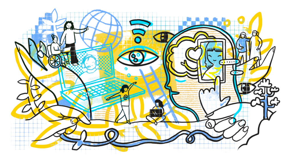Illustrated collage showing diverse people interacting with technology and each other. Elements include a laptop, globe, Wi-Fi symbol, eyes, speech bubbles, and a large profile outline with a smartphone displaying a heart and face. Yellow and blue abstract shapes and leaves form the background.