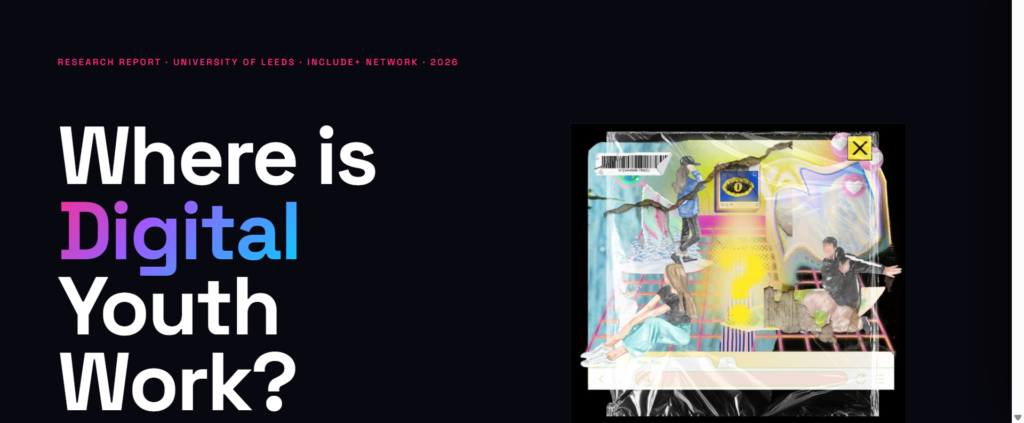 Banner image for the project report with the title 'Where is Digital Youth Work?' in white text on a black background. To the right of the text is a composite graphic with abstract illustrations of young people in different postures.