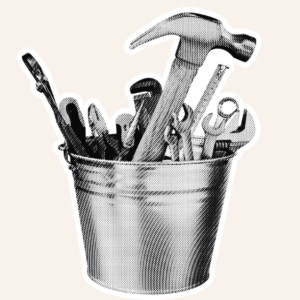 Black and white halftone cutout photograph of a metal bucket filled manual DIY tools including spanners, wrench and hammer.