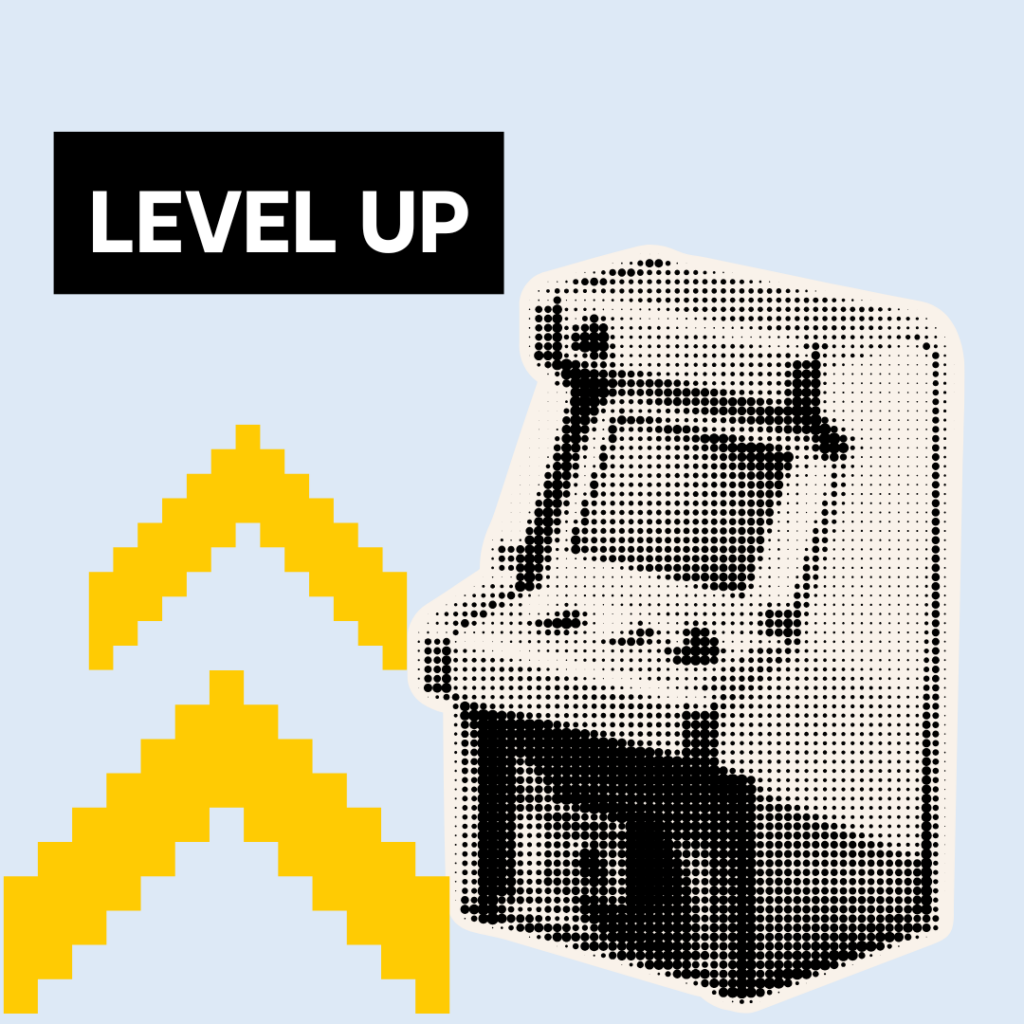 Link tile with text reading 'Level up' and a lo-fi black and white image of an arcade game.