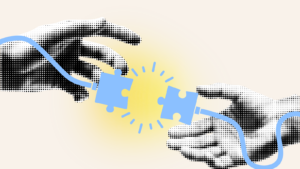Abstract collage of two hands reaching to connect two jigsaw pieces attached to a cord.
