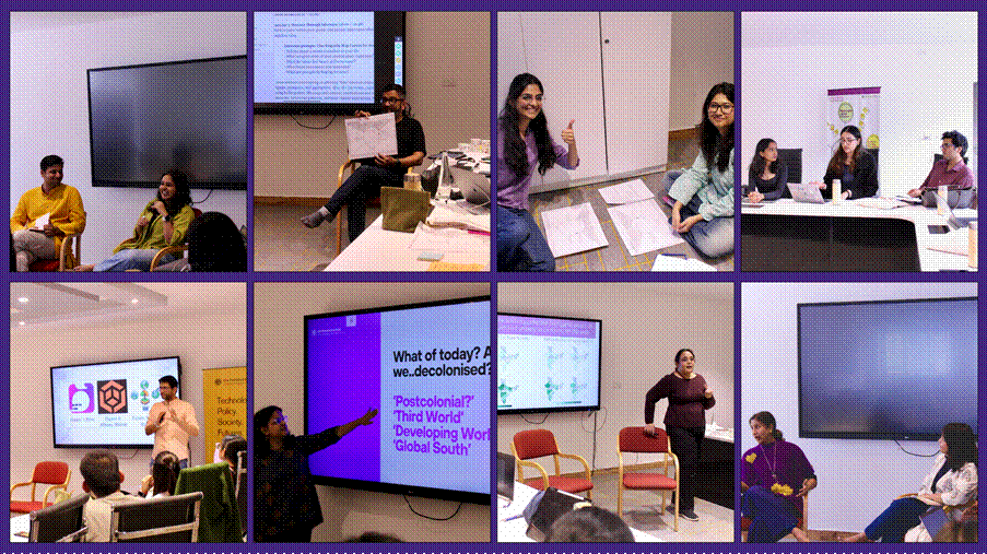 Montage of photographs from the Youth for Tech Futures Fellowship programme, depicting Fellows collaborating on group activities and speakers presenting to the cohort.