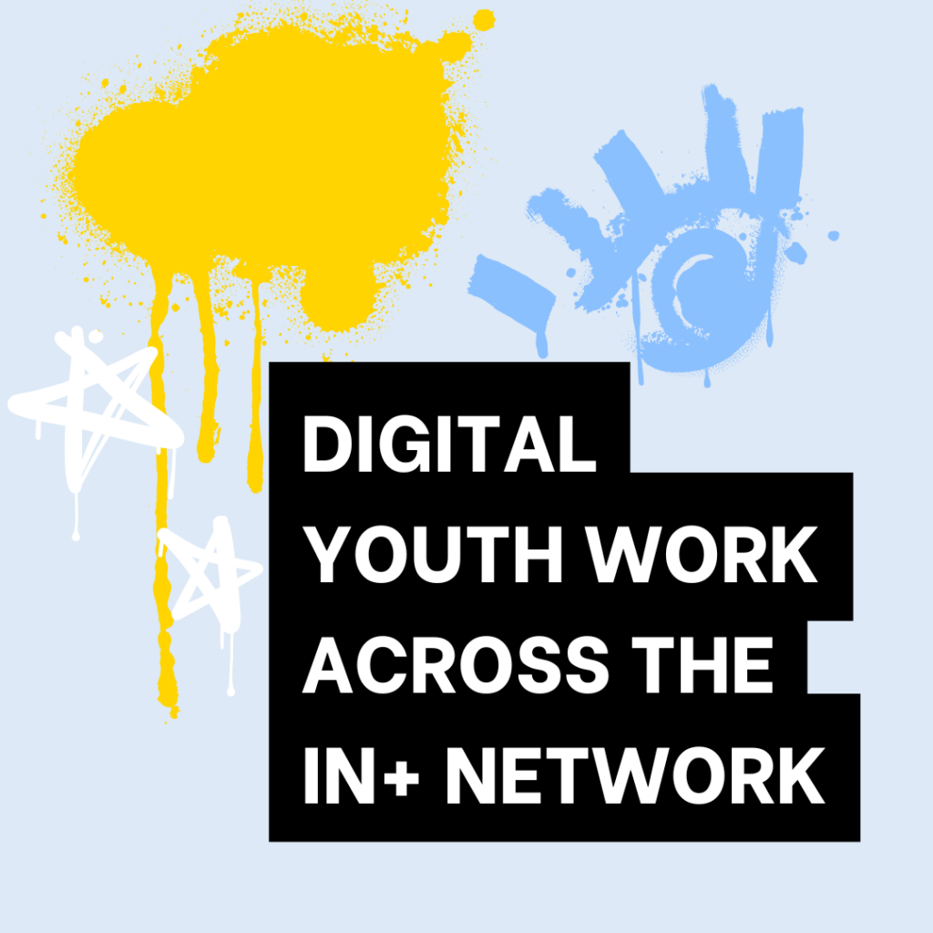 Link tile with text reading 'Digital Youth Work Across the IN+ Network, with colourful graffiti in the backgroung, featuring stars, and eye and a paint splat.