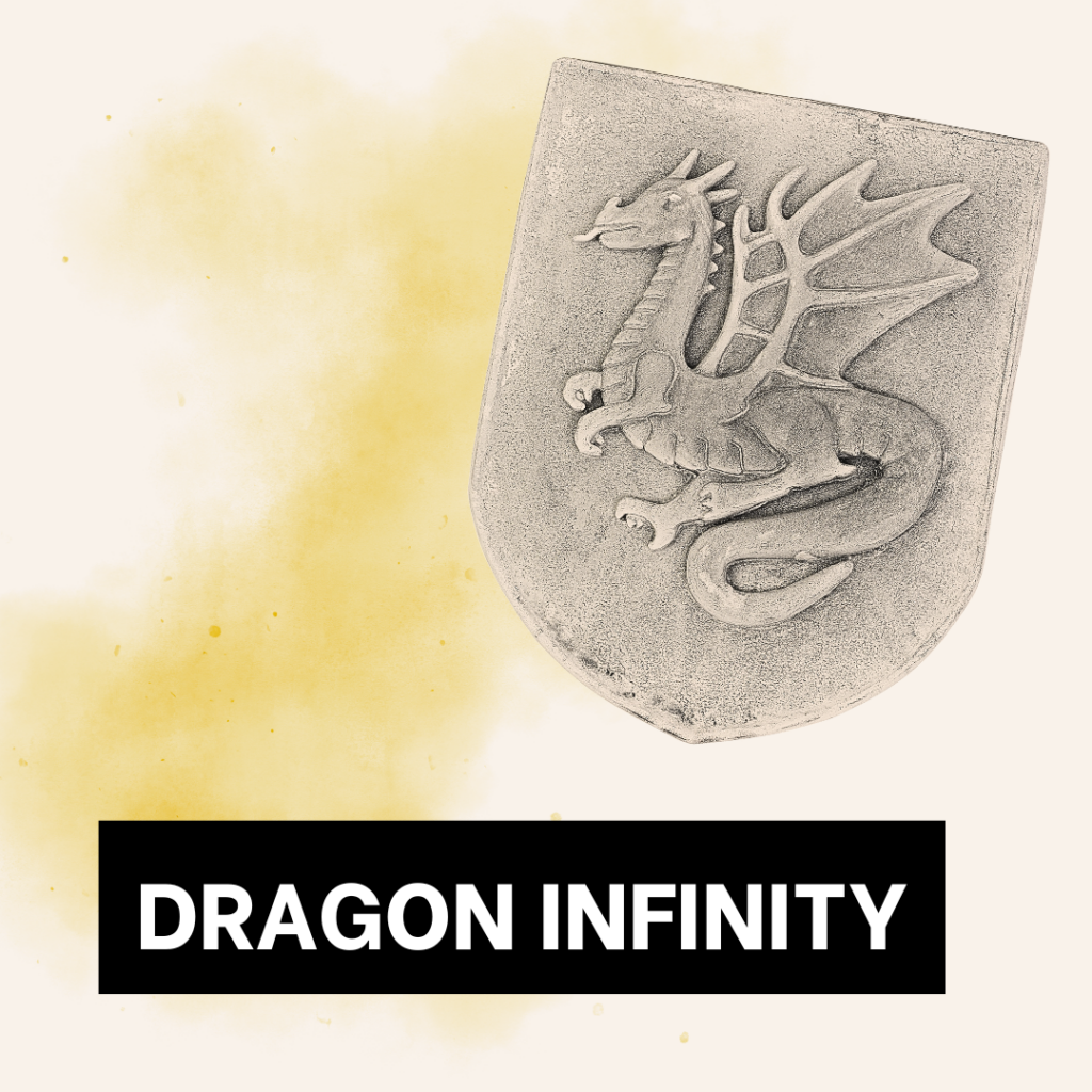 Black and white image of a carved stone shield depicting a seated dragon. Text reads 'DRAGON Infinity'.